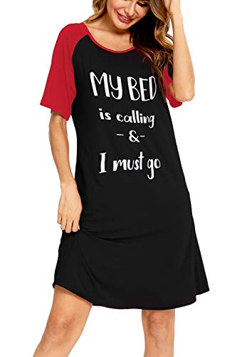 SWOMOG Women Nightgowns Short Sleeve Sleepshirt Cute Printed Sleepwear Modal Nightshirts Scoop Neck Sleep Dress