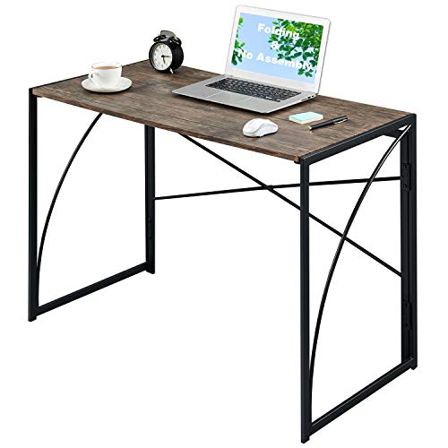 Computer Writing Desk 39.4” Folding No-Assembly Modern Simple Study Table Kids Desk Small Industrial Home Office Desk Wood Workstation with Arc Metal Frame, Vintage Brown