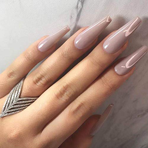 Favelo Coffin Ballerina Press on Nails Purple Long Fake Nails Tips Acrylic Glossy Full Cover False Nails Art Accessories for Women and Girls(24pcs) (Thistle)