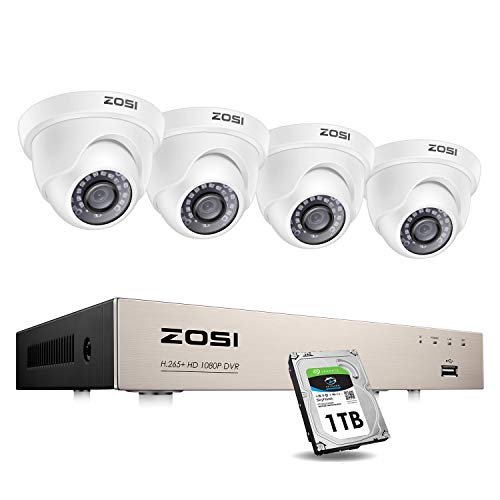 ZOSI Security Cameras System with 1TB Hard Drive,H.265+ 5MP Lite 8Channel HD-TVI DVR Recorder and 4pcs 1080P HD 1920TVL Indoor Outdoor Surveillance CCTV Dome Cameras with Night Vision,Remote Access