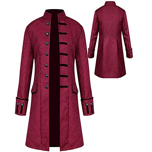 Mens Vintage Steampunk Jacket, Embroidered Victorian Tailcoat Medieval Gothic Vampire Cosplay Halloween Costume (X-Large, Wine Red)