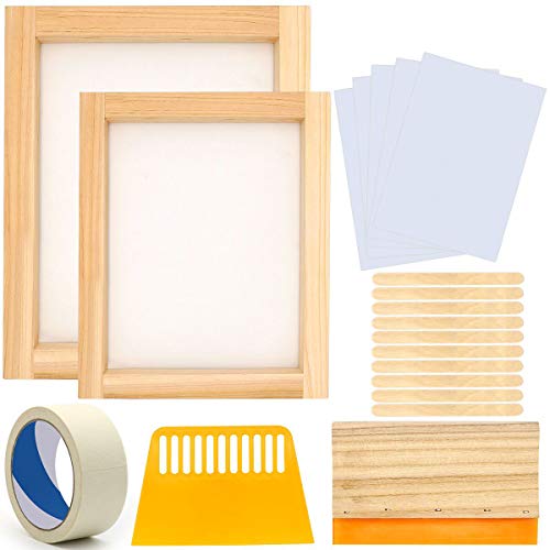 20 Pieces Screen Printing Starter Kit, Angela&Alex 10 x 14 Inch Wood Silk Screen Printing Frame White Mesh Screen Printing Squeegees Inkjet Transparency Film and Mask Tape