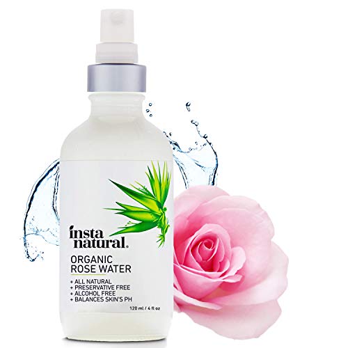 InstaNatural Rose Water Facial Toner for Face, Hair, Body - Organic, Natural Anti Aging Mist - Eau Fraiche - Alcohol Free - Hydrating Primer & Setting Spray for Pore Minimizing & Tightening - 4 OZ