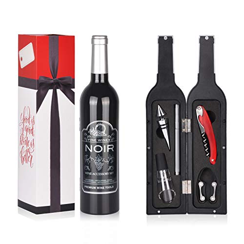 Wine Accessory Gift Set - Deluxe Wine Bottle Corkscrew Opener, Stopper, Aerator Pourer, Foil Cutter, Glass Paint Marker w/Reusable Drink Stickers in Gift Box, Wine Gifts for Wine Lover, Christmas