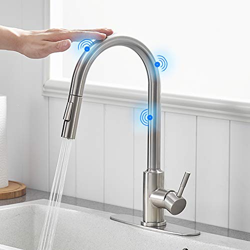 OWOFAN Touch On Kitchen Faucets with Pull Down Sprayer, Single Handle Kitchen Sink Faucet with Pull Out Sprayer, Stainless Steel Touch Activated Faucet Brushed Nickel