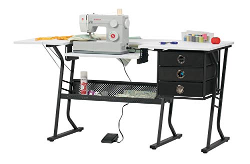 Sew Ready Eclipse Hobby Sewing Center Sewing Craft Table Sturdy Computer Desk with Drawers in Black/White, 13362