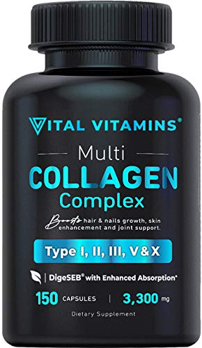 Multi Collagen Pills (Types I,II,III,V,X) 150 Capsules 3300 mg Grass Fed Collagen Peptides Enhanced Absorption for Anti-Aging, Hair Growth & Nails, Healthy Joints & Skin, Hydrolyzed Protein Supplement