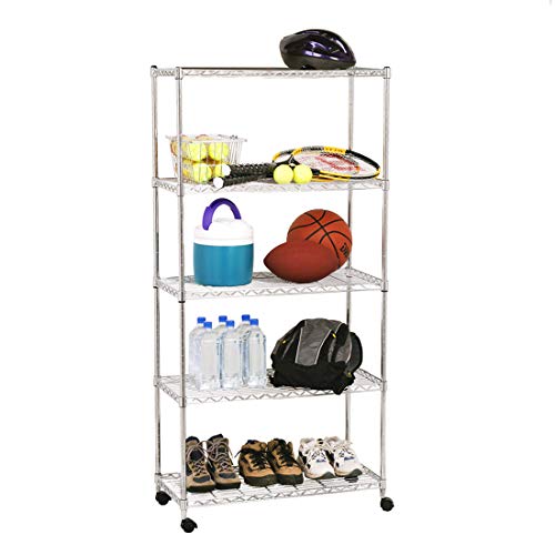 Seville Classics 5-Tier Steel Wire Shelving with Wheels, 30' W x 14' D, Chrome