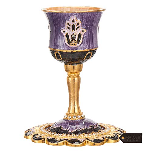 Matashi Hand-Painted Enamel Tall 5' Kiddush Cup Set with Stem and Tray Embellished with Crystals and Hamsa Design for Weddings Shabbat Havdalah Passover Goblet Judaica Gift Home Decor Blessings Cup