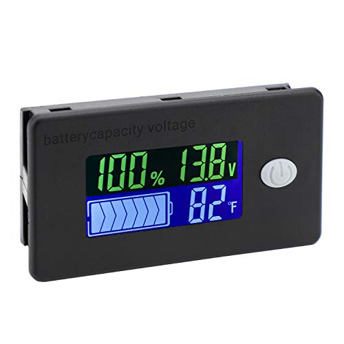 Battery Capacity Monitor, DROK 10-100v Battery Meter, 12v 24v 48v Battery Power Percentage Voltage Fahrenheit Temperature Indicator Gauge