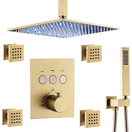 12' LED Rain Shower Head System with Body Sprays and Handheld All Metal, HOMEDEC Thermostatic Bathroom Faucet Mixer Complete Ceiling Mount (Allows Multiple Heads to Function At a Time)