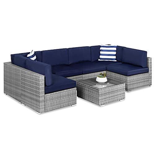 Best Choice Products 7-Piece Modular Outdoor Sectional Wicker Patio Furniture Conversation Set w/ 6 Chairs, 2 Pillows, Seat Clips, Coffee Table, Cover Included - Gray/Navy