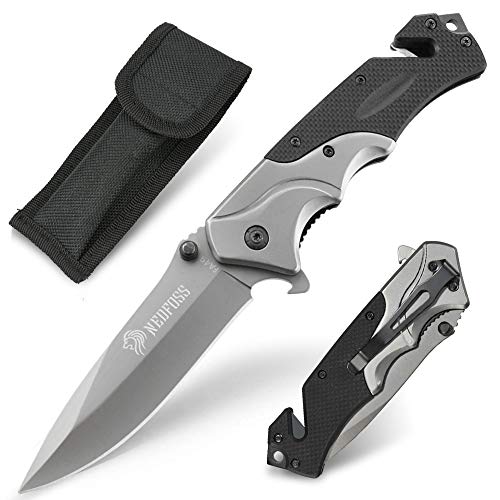 NedFoss Rescue Pocket Knife, Survival Folding Knife with Seat Belt Cutter and Glass Breaker, Outdoor Sturdy Pocket Knife with 7Cr17Mov Steel Blade, Thumb Stud and Clip (FA49)