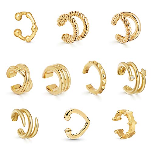 Sloong 10pcs Sparkling Ear Cuff Gold Dainty Helix Earrings Huggie Stud for women Earring Set | Clip On Cartilage