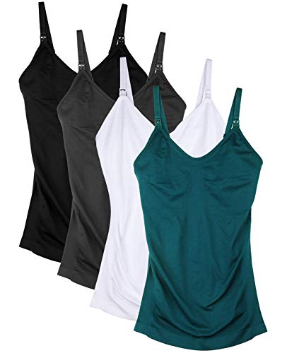 Womens Nursing Tank Tops for Breastfeeding with Built in Bra Maternity Cami Pack of 4 Color Black Gray White Green Size M