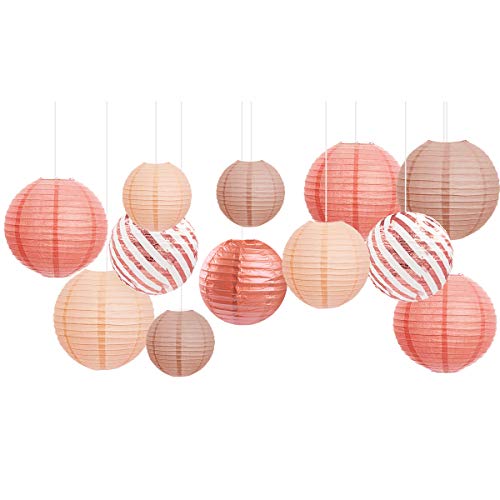 NICROLANDEE Rose Gold Party Decorations Set - 12PCS Rose Gold Paper Lanterns Hanging Decorations for Wedding Engagement Anniversary Bridal Shower Baby Shower Bachelorette Birthday Party (Rose Gold)