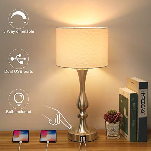 Bedside Touch Lamp with Dual USB Charging Ports, 3 Way Dimmable Nightstand Lamp with Silver Base, USB Touch Control Table Lamp Modern Ambient Light for Living Room, Bedroom, 6W 2700K LED Bulb Included