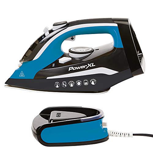 PowerXL Cordless Iron and Steamer Deluxe, Lightweight Dry Steam Iron with Ceramic Ion Soleplate, Vertical Steam, Anti-Calc, Anti-Drip, Auto-Off, Power Base, (Blue 1500 Watt with Ironing Pad)