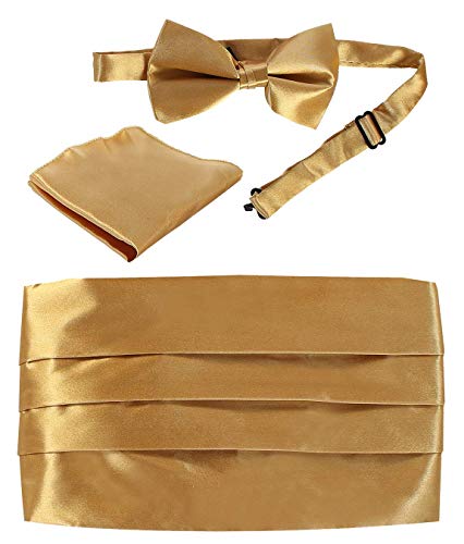 Gioberti Kids/Boys' Adjustable Satin Cummerbund Set With Formal Bow Tie and Pocket Square, Gold