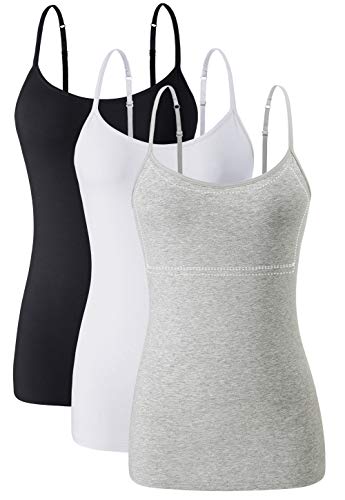 Orrpally Women Cotton Camisole Shelf Bra Adjustable Spaghetti Strap Tank Top Undershirt Tank Tops 3-Pack Black/White/Gray M