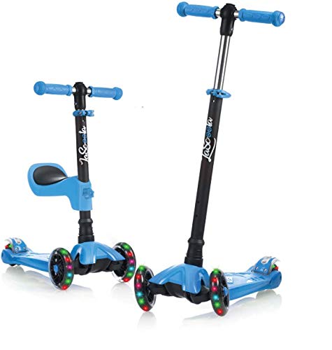 Lascoota 2-in-1 Kick Scooter with Removable Seat Great for Kids & Toddlers Girls or Boys – Adjustable Height w/Extra-Wide Deck PU Flashing Wheels for Children from 2-14 Years Old (Blue)