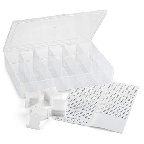 Embroidery Floss Organizer Box - 17 Compartments with 100 Hard Plastic Floss Bobbins and 640 Floss Number Stickers. (Full Set)