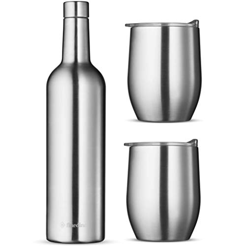 Wine Chiller Gift Set - Vacuum Insulated Wine Bottle 750ml & Two Wine Tumbler With Lids 16oz. Made of Shatter Proof 18/8 Stainless Steel & BPA FREE Lids, Perfect Wine Glasses for Travel, Picnic, Etc.