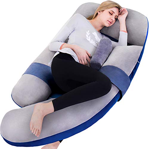 AS AWESLING 60in Full Body Pillow | Nursing, Maternity and Pregnancy Body Pillow | Awesling Extra Large U Shape Pillow with Detachable Side, Separate Support Pillow and Removable Cover (Grey Blue)