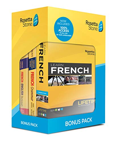 Rosetta Stone Learn French Bonus Pack Bundle| Lifetime Online Access + Grammar Guide + Dictionary Book Set| PC/Mac Keycard