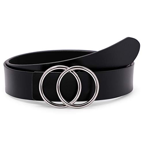 Women's Leather Ring Belt for Jean, Double Circle Buckle Belts Fit Waist 26-42 Inch, Black with Silver Buckle, Fit Waist 30-34 inch