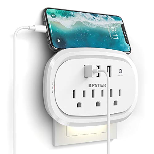 USB Outlet Extender Box, KPSTEK Multi Outlet Plug Wall Charger with 3 USB Ports and Night Light, Home Office Accessories with 900J, White – KS169