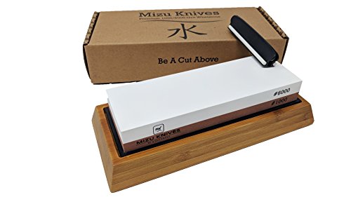 Mizu 1000/6000 Grit Premium Whetstone Knife Sharpening Stone Set, Ideal Sharpener for All Blades, Japanese Style Waterstone with Non Slip Bamboo Base, Includes Angle Guide & Instructions