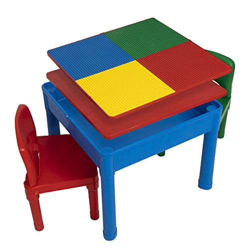 Play Platoon Kids Activity Table Set - 5 in 1 Water Table, Building Block Table, Craft Table and Sensory Table with Storage - Includes 2 Chairs and 25 Ex-Large Blocks – Primary Colors