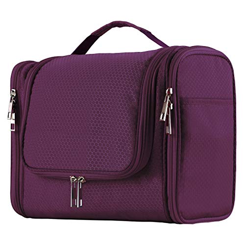 Extra Large Capacity Hanging Toiletry Bag for Men & Women, Portable Waterproof Bathroom Shower Bag, Lightweight Dopp kit Shaving Bag, Sturdy Metal Hook Organizer Makeup Bag (Purple)