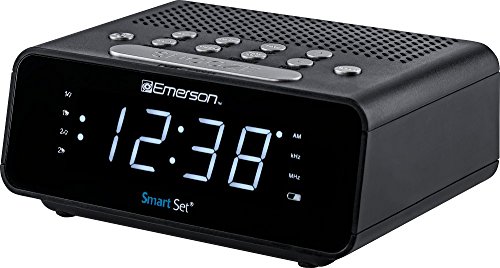 Emerson SmartSet Alarm Clock Radio with AM/FM Radio, Dimmer, Sleep Time and .9” White LED Display, ER100101