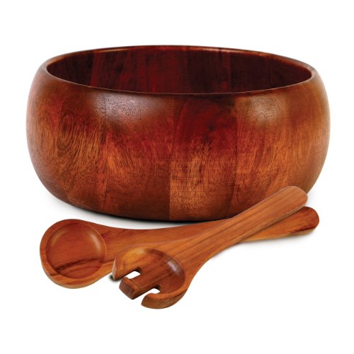 Gibson Home Laroda 3 Piece Salad Bowl Set Including 10 Inch Bowl and Serve Spoon and Fork, Acacia Wood