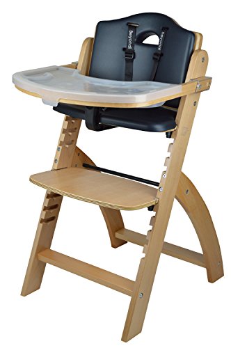 Abiie Beyond Wooden High Chair with Tray. The Perfect Adjustable Baby Highchair Solution for Your Babies and Toddlers or as a Dining Chair. (6 Months up to 250 Lb) (Natural Wood - Black Cushion)