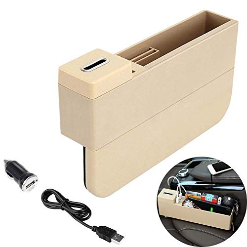 QPMY Car Seat Side Pocket Console Organizer USB Ports Seat Gap Filler Car Interior Accessories for Cellphones Keys Cards Wallets Coins (Beige)