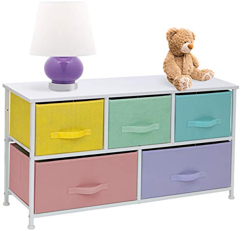 Sorbus Dresser with 5 Drawers - Furniture Storage Chest for Kid’s, Teens, Bedroom, Nursery, Playroom, Clothes, Toys - Steel Frame, Wood Top, Fabric Bins (5-Drawer Dresser, Pastel/White)