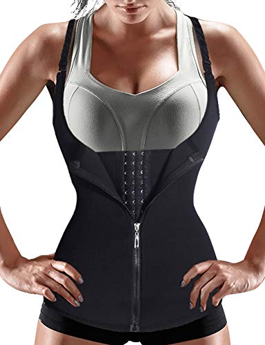 Nebility Women Waist Trainer Corset Zipper Vest Body Shaper Cincher Tank Top with Adjustable Straps (S, Black)