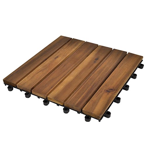 vidaXL 30 Pcs Indoor Interlocking Wood Flooring Deck Decking Tiles Patio Pavers Tiles Solid Wood and Plastic Corner Edging Trim Tiles - Vertical Pattern 11.8 x 11.8 inch Acacia Hardwood