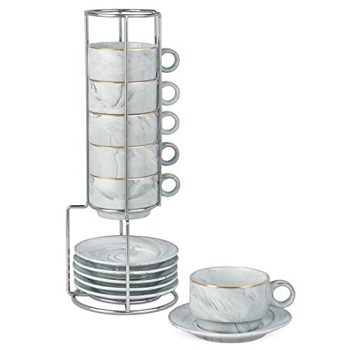 Espresso Mugs Set of 6 with Rack Marble Stackable Espresso Cups with Saucers and Metal Stand Demitasse Cups Designed for Espresso, Latte, Cafe, Mocha 3OZ Gray