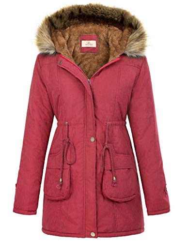 Women's Warm Winter Fleece Parkas Anoraks Hooded Military Jacket Coats L Red