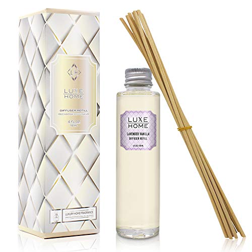 Luxe Home Lavender & Vanilla Reed Diffuser Refill Oil with Sticks | Scented Replacement Oil for Room Diffuser | Liquid Air Freshener | Includes Replacement Reeds