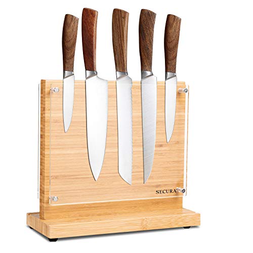 Secura Knife Block Magnetic Universal Knives Holder Bamboo Knife Stand for Kitchen Cutlery Display Rack and Organizer with Acrylic Shield Double Side Storage Strongly Magnetic