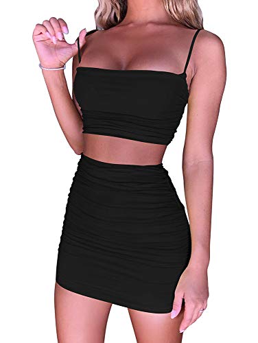 BEAGIMEG Women's Ruched Cami Crop Top Bodycon Skirt 2 Piece Outfits Dress Black