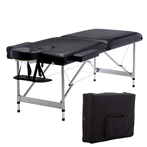 Artechworks Lightweight Massage Table with Aluminium Frame, 2 Fold Beauty Therapy Bed， w/Free Carry Case, Face Cradle, Arm Rests (Black)