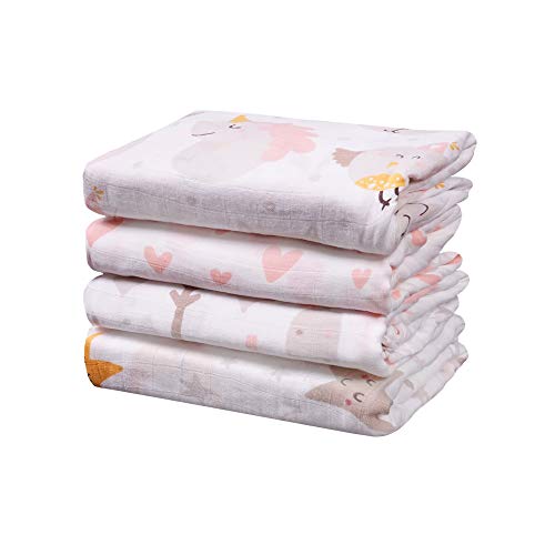 Viviland Baby Muslin Swaddle Blanket for Newborn Boys and Girls | 70% Bamboo 30% Cotton Receiving Blanket Swaddle Wrap with Gift Box | 4 Packs, 47 X 47 inch, Unicorn,Star,Love,Tree