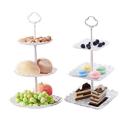 2 Set of 3-Tier Plastic Cupcake Stand Dessert Plates Mini Cakes Fruit Candy Display Tower White for Kids Birthday Tea Party Baby Shower Serving Tray Small