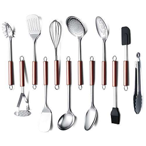 Amazon Brand Cooking Utensil Set, 12 Piece Stainless Steel Kitchen Utensil Set, Kitchen Gadgets Cookware Set, Best Gift - Kitchen Tool Set (Rose Gold Handle)